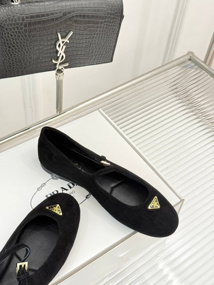 PRADA 25S SOFT PADDED BALLERINAS IN BLACK SUEDE