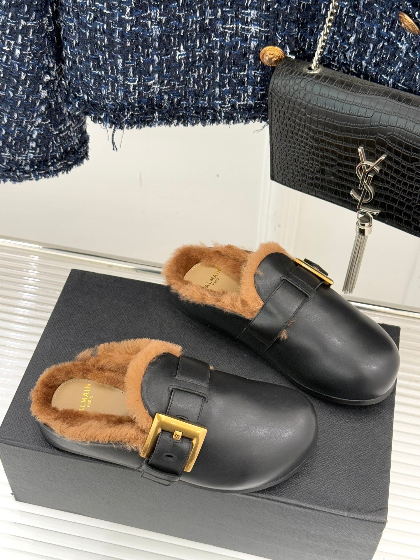 BALMAIN 26S ANTHEM MULES IN BLACK CALFSKIN