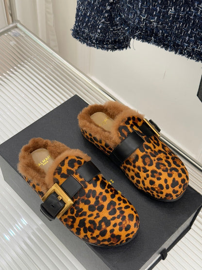BALMAIN 26S ANTHEM MULES IN LEOPARD PRINT PONY HAIR