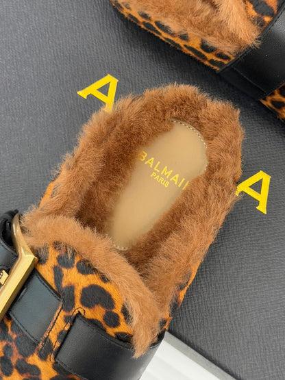 BALMAIN 26S ANTHEM MULES IN LEOPARD PRINT PONY HAIR