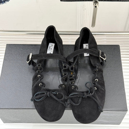 ALAIA 26S MARY JANE FLATS IN BLACK SUEDE WITH BOW