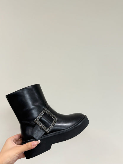 VIV' RANGERS CHELSEA ANKLE BOOTS IN BLACK CALFSKIN WITH BLACK CRYSTAL BUCKLE