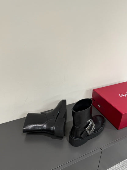 VIV' RANGERS CHELSEA ANKLE BOOTS IN BLACK CALFSKIN WITH BLACK CRYSTAL BUCKLE