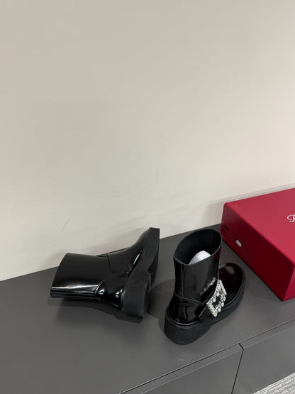 VIV' RANGERS CHELSEA ANKLE BOOTS IN BLACK CALFSKIN WITH SILVER CRYSTAL BUCKLE