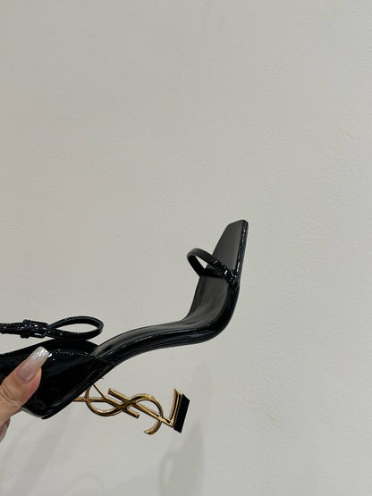 YSL HEELED SANDALS 25S 105 MM IN BLACK GLOSSY LAMBSKIN WITH GOLD HARDWARE