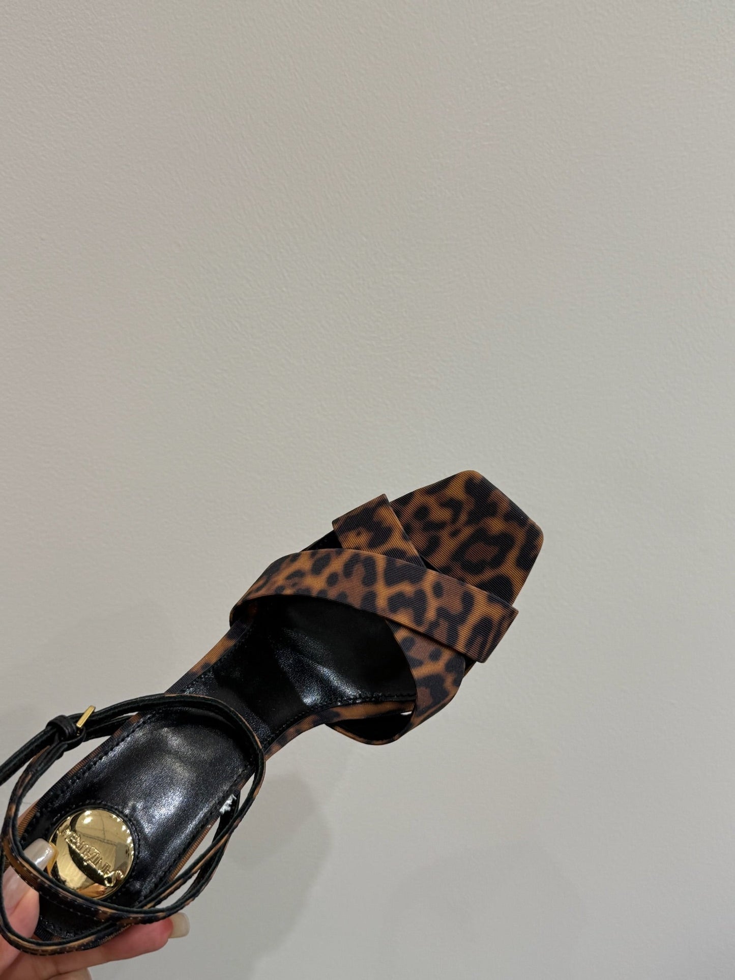 YSL STRAPPY WEDGE SANDALS 25S IN LEOPARD PRINT FABRIC