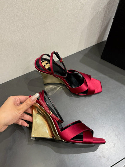 YSL STRAPPY WEDGE SANDALS 25S IN DARK RED SATIN