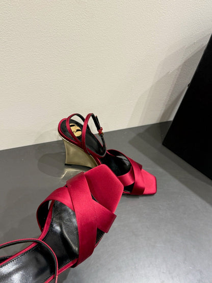 YSL STRAPPY WEDGE SANDALS 25S IN DARK RED SATIN