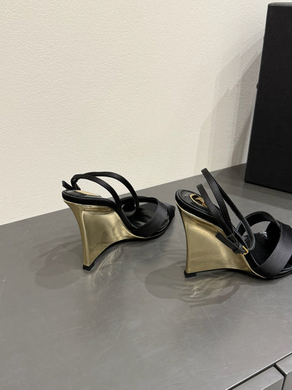YSL STRAPPY WEDGE SANDALS 25S IN BLACK SATIN