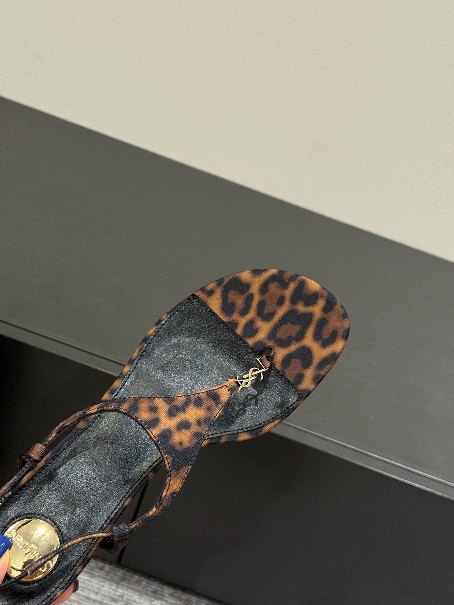 YSL WEDGE THONG SANDALS 25S IN LEOPARD LAMBSKIN WITH GOLD HARDWARE