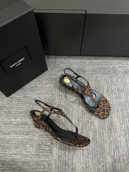 YSL WEDGE THONG SANDALS 25S IN LEOPARD LAMBSKIN WITH GOLD HARDWARE