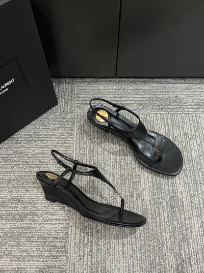 YSL WEDGE THONG SANDALS 25S IN BLACK LAMBSKIN WITH GOLD HARDWARE