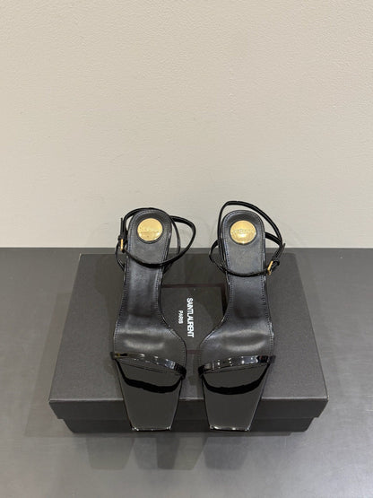 YSL KITTEN HEEL SANDALS 25S IN BLACK GLOSSY LAMBSKIN