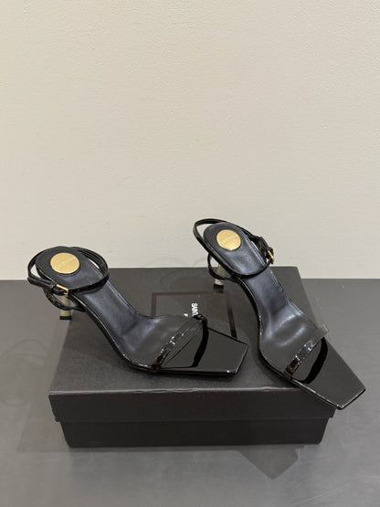YSL KITTEN HEEL SANDALS 25S IN BLACK GLOSSY LAMBSKIN