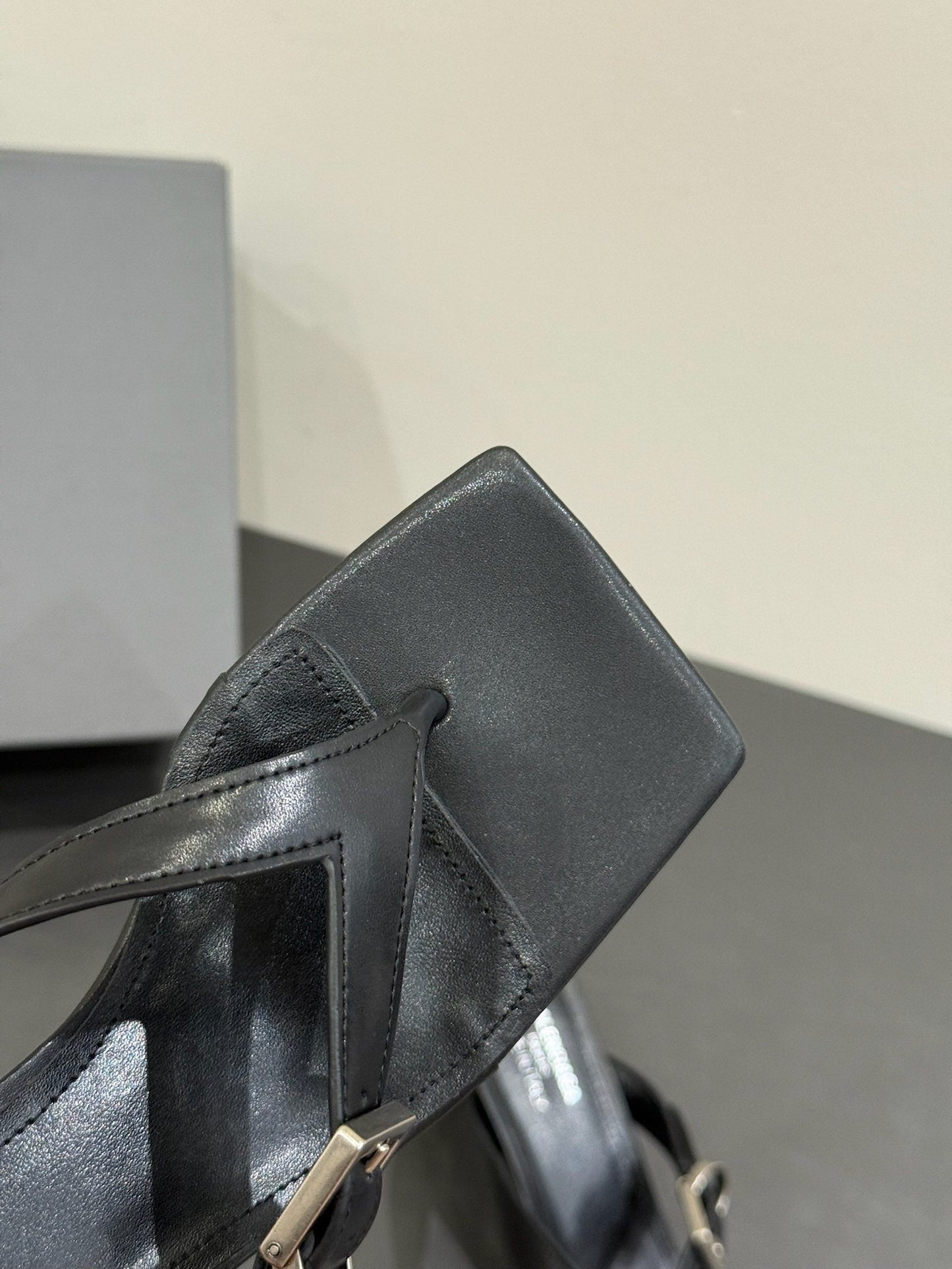 BALENCIAGA 25S HIGH-HEELED FLIP-FLOPS IN BLACK CALFSKIN WITH SILVER HARDWARE