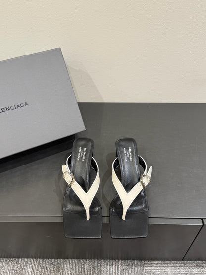 BALENCIAGA 25S HIGH-HEELED FLIP-FLOPS IN WHITE MIX BLACK CALFSKIN WITH SILVER HARDWARE