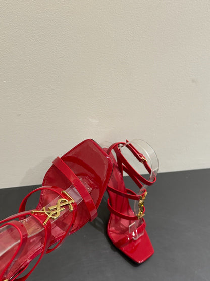 YSL SINGLE-STRAP HEELED SANDALS 25S IN RED LAMBSKIN