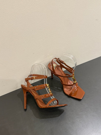 YSL SINGLE-STRAP HEELED SANDALS 25S IN BROWN LAMBSKIN