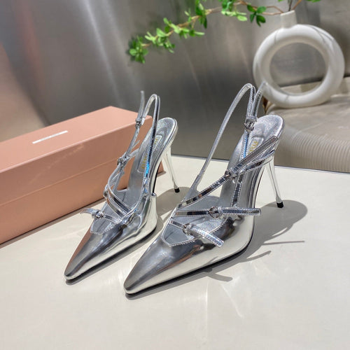 CROSS STRAP HIGH HEELED SLINGBACK IN SILVER METALLIC GLOSSY SHEEPSKIN