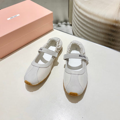 MIUMIU 26S RUCHES NAPPA BALLERINAS IN CREAM WHITE SUEDE AND FABRIC