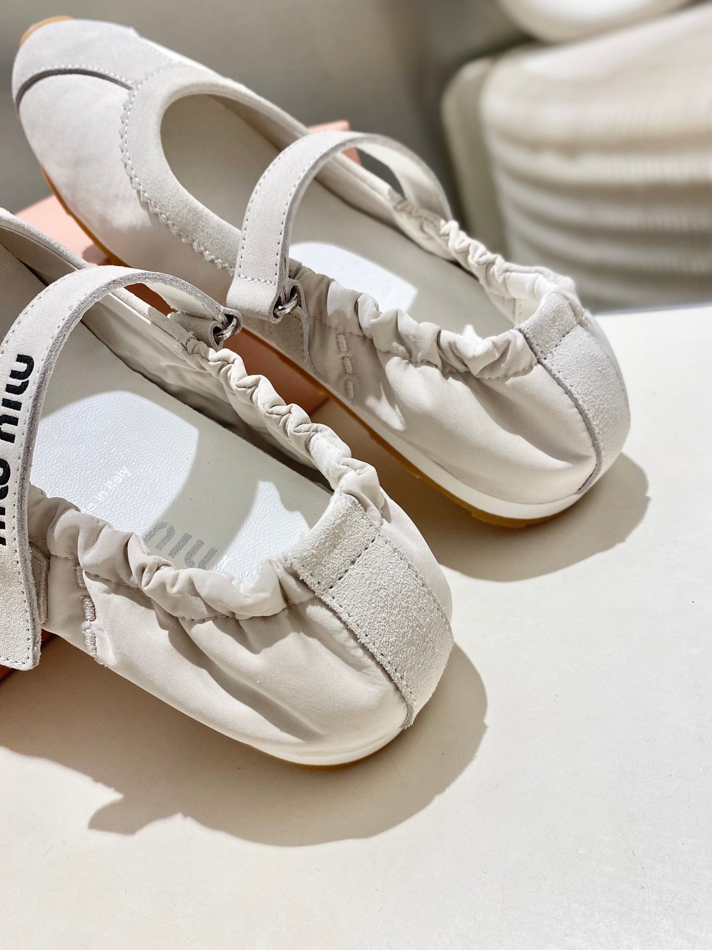 MIUMIU 26S RUCHES NAPPA BALLERINAS IN CREAM WHITE SUEDE AND FABRIC