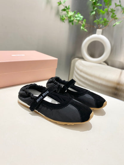 MIUMIU 26S RUCHES NAPPA BALLERINAS IN BLACK SUEDE AND FABRIC