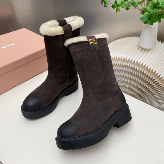MIUMIU 26S MID CALF BOOT IN DARK BROWN  SUEDE AND SHEARLING