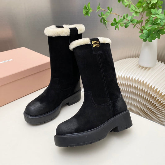 MIUMIU 26S MID CALF BOOT IN BLACK SUEDE AND SHEARLING