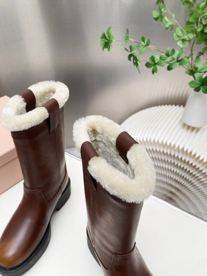 MIUMIU 26S MID CALF BOOT IN DARK BROWN CALFSKIN