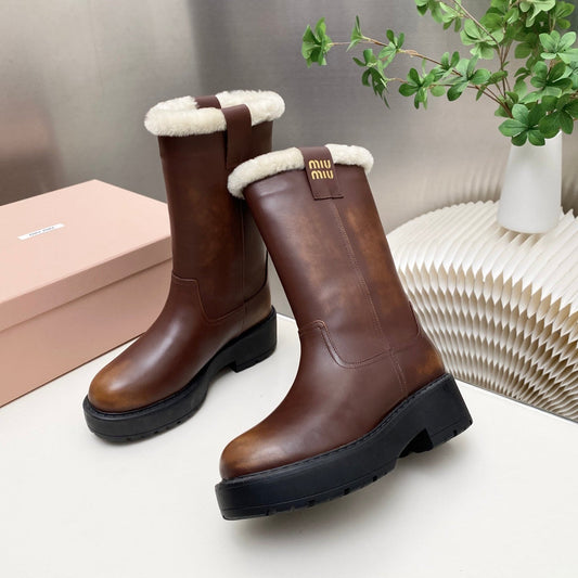 MIUMIU 26S MID CALF BOOT IN DARK BROWN CALFSKIN