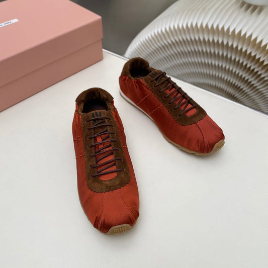 MIUMIU 26S SNEAKERS IN RUST RED PLUME SATIN