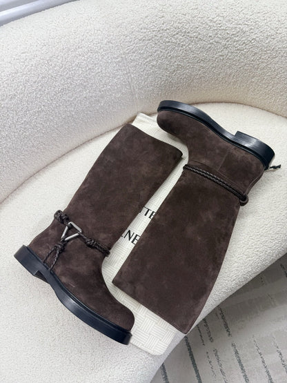 BOTTEGA VENETA 26S TALL BOOTS IN DARK BROWN SUEDE WITH ROPE DETAIL