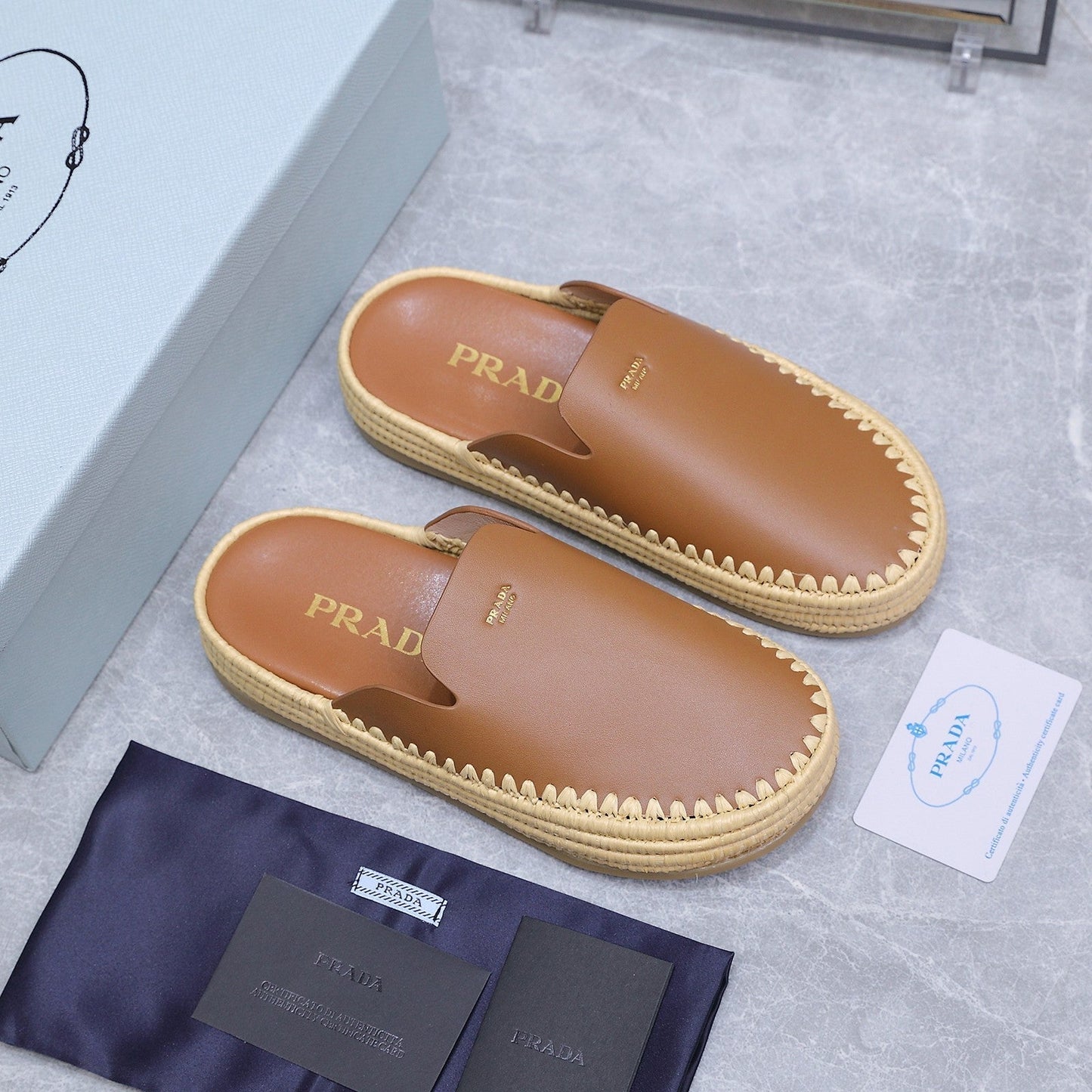 PRADA 26S MULES ESPADRILLES IN BROWN CALFSKIN