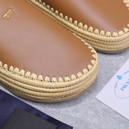 PRADA 26S MULES ESPADRILLES IN BROWN CALFSKIN