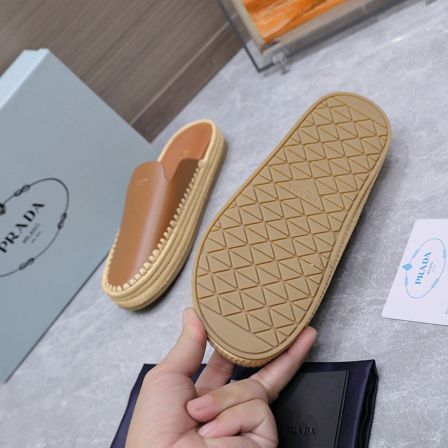 PRADA 26S MULES ESPADRILLES IN BROWN CALFSKIN