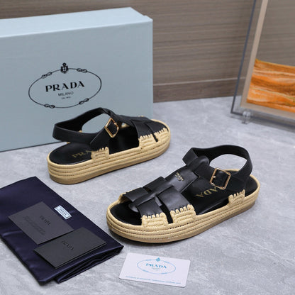 PRADA 26S SANDAL ESPADRILLES IN BLACK CALFSKIN