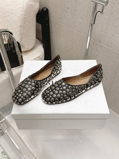 CELINE 26S FLAT SHOES IN BLACK CALFSKIN WITH METAL STUDS