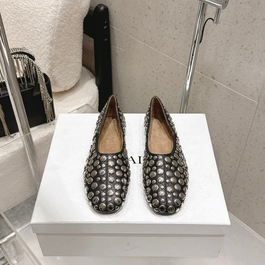 CELINE 26S FLAT SHOES IN BLACK CALFSKIN WITH METAL STUDS