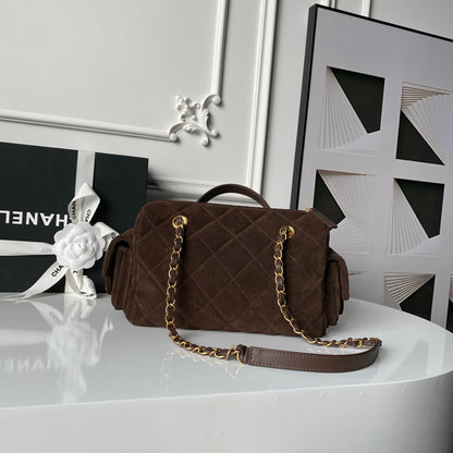 CHANEL 25S BOWLING BAG 24 IN DARK BROWN SUEDE GOLD HARDWARE
