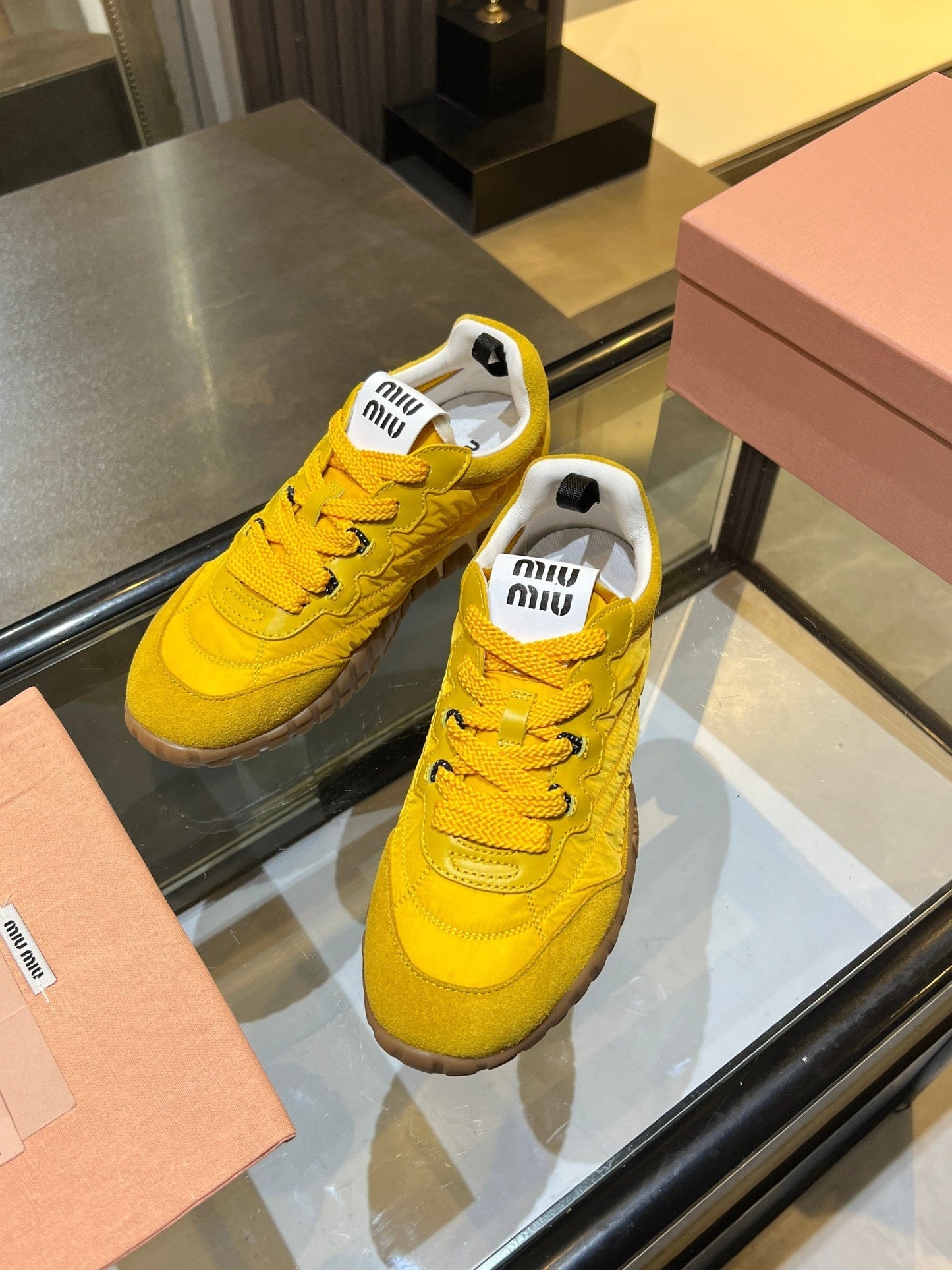 MIUMIU 26S SNEAKERS IN YELLOW FABRIC AND SUEDE