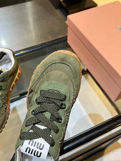 MIUMIU 26S SNEAKERS IN ARMY OLIVE FABRIC AND SUEDE