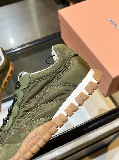 MIUMIU 26S SNEAKERS IN ARMY OLIVE FABRIC AND SUEDE