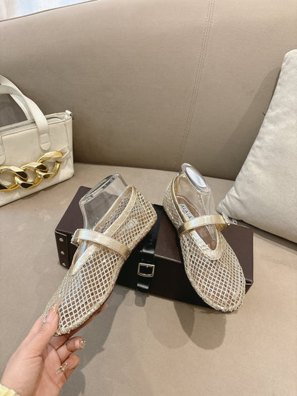 ALAIA 26S MESH FLATS IN LIGHT GOLD LAMBSKIN