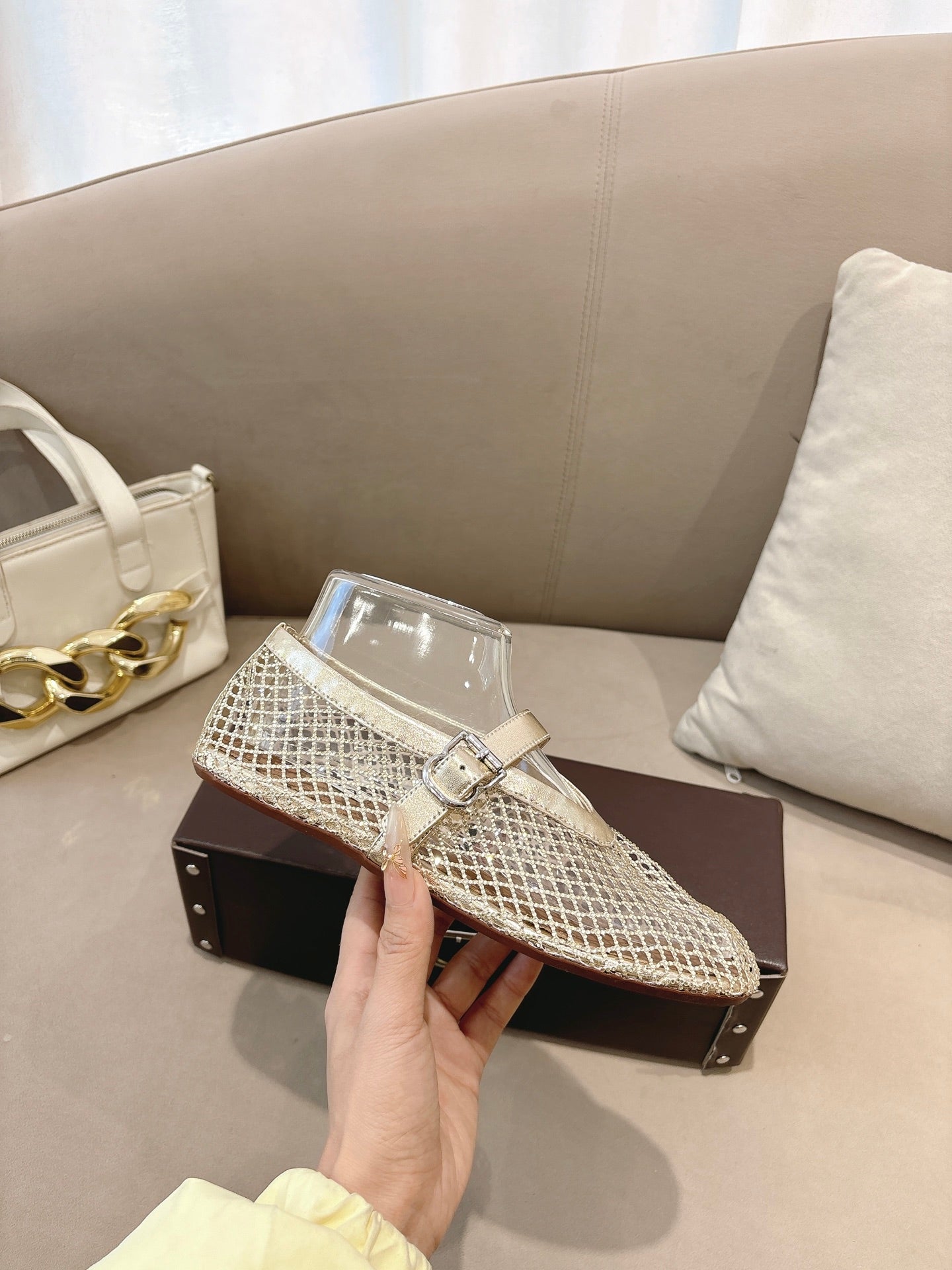 ALAIA 26S MESH FLATS IN LIGHT GOLD LAMBSKIN