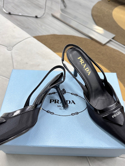 PRADA 25S TRIANGLE LOGO SLINGBACK PUMPS IN BLACK MESH FABRIC