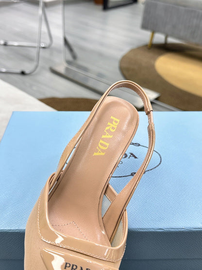 PRADA 25S TRIANGLE LOGO SLINGBACK PUMPS IN BEIGE MESH FABRIC