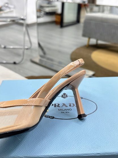 PRADA 25S TRIANGLE LOGO SLINGBACK PUMPS IN BEIGE MESH FABRIC