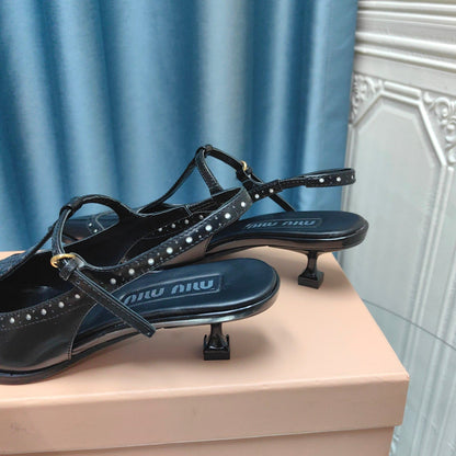 SLINGBACK BLACK LAMBSKIN WITH T- STRAPS