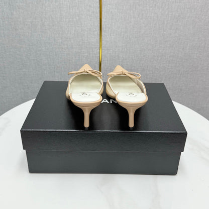 CC HEEL MULES 25S IN BEIGE MESH FABRIC AND LAMBSKIN WITH BOW