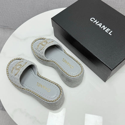 CC WEDGE SOLE SANDALS 25S IN DUSTY BLUE GREY FABRIC WITH LOGO